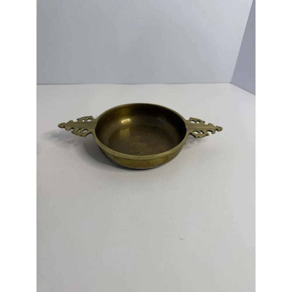 Vintage Solid Brass 3-Slot Ashtray & Decorative Handled Dish - Set of 2